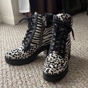 Aldo Black and White Animal Print Lace Up Boots